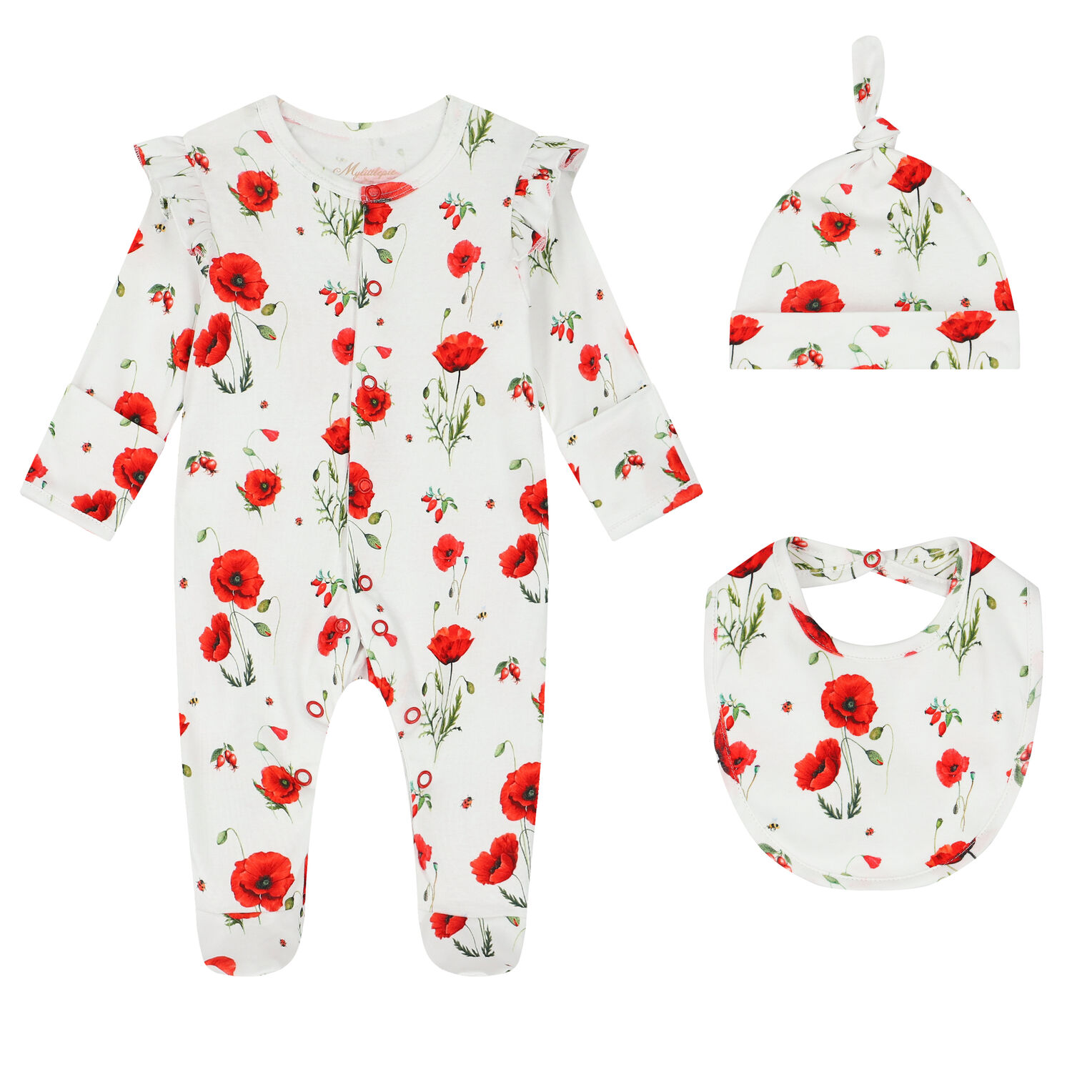 Baby Girls White & Red Poppies Babygrow Set, 1, hi-res
